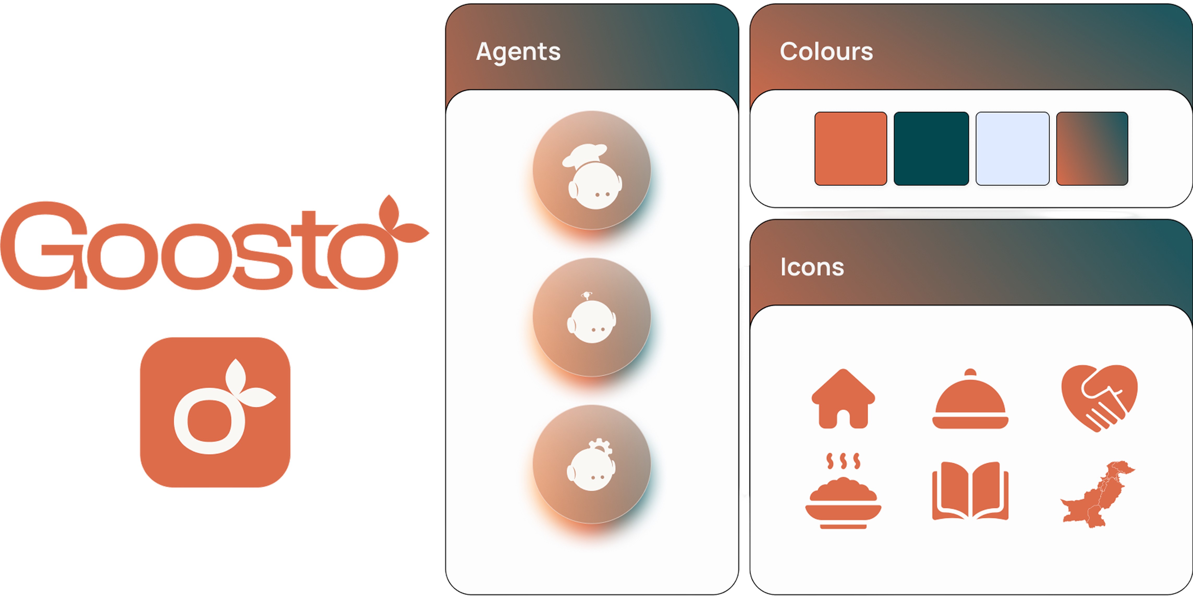 Goosto visual identity: wordmark, app icon, agents, colours and icons